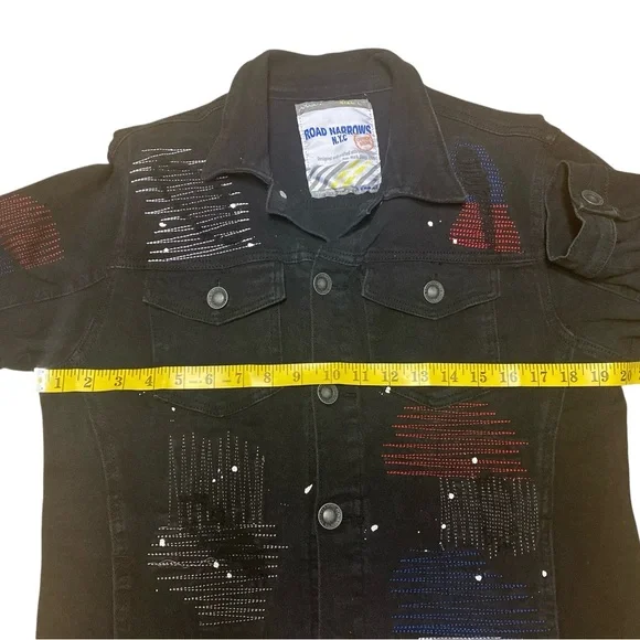 Road Narrows NYC Black Denim Button Down Jacket Size L Embroidered Distressed - Picture 9 of 16